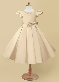 Azazie Jewel Flower Girl Dresses Champagne Ball-Gown Pleated Matte Satin Dress image4