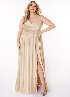 Azazie Tanicia Bridesmaid Dresses Champagne A-Line V-Neck Pleated Mesh Dress image5