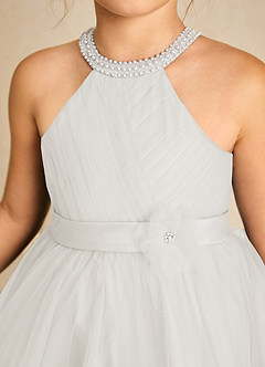 Azazie Honey Flower Girl Dresses Diamond White A-Line Beaded Matte Satin Dress image6