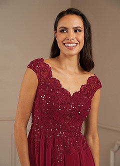 Azazie Amethyst vestidos de madre de la novia Vestido de Borgoña de Gasa de Corte En A con Lentejuelas Cuello V image7