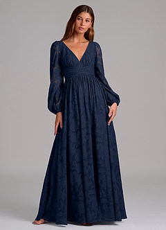 Azazie Norah Robes de demoiselle d'honneur Robe Trapèze en Blumen-Burnout Manche longue Bleu Marine Foncé image1