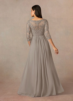 Azazie Hayek vestidos de madre de la novia Vestido de Gris Pardo de Gasa de Corte En A con Cuello en V de encaje image4