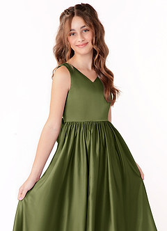 Azazie Hathaway Junior Olive A-Line Bow Stretch Satin Dress image5