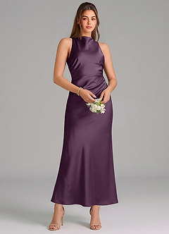 Azazie Evadne Vestidos de damas de honor Vestido de Ciruela de Satén Elástico de Corte Recto con Plisado image3