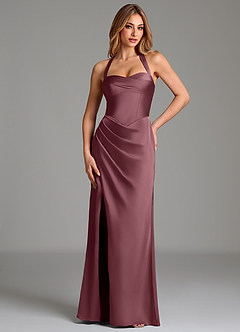 Azazie Serenity Robes de demoiselle d'honneur Robe Sirène en Satin extensible Décolleté en cœur Rose Du Désert image1