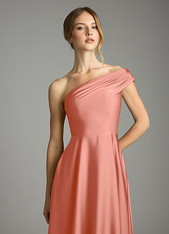Azazie Melanie Vestidos de damas de honor Vestido de Rosa Salmón de Satén Elástico de Corte en A con Vestidos sin tirantes image6
