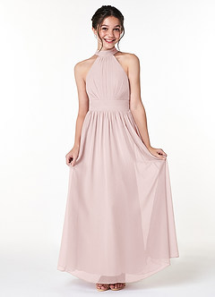 Azazie Iman Junior A라인 주름진 쉬폰 플로어 길이 주니어 신부 들러리 드레스 image1