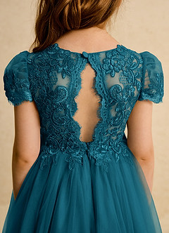Azazie Puff Flower Girl Dresses Ink Blue Ball-Gown Lace Tulle Dress image8