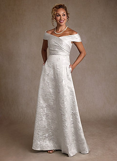 Azazie Lacey Mother of the Bride Dresses Silver Jacquard A-Line Off the Shoulder Floral Jacquard Dress image4