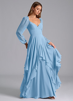 Azazie Karan Bridesmaid Dresses Powder Blue A-Line Long Sleeve Chiffon Dress image4