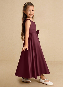 Azazie Lindy vestidos de niña de las flores Vestido de Cabernet de Satin Mate de Acampanado con Plisado image5