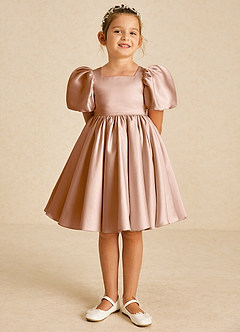 Azazie Muffin Flower Girl Dresses Champagne Rose A-Line with Sleeves Matte Satin Dress image2