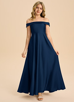 Azazie Sissy Junior Dark Navy A-Line Off the Shoulder Stretch Satin Dress image4