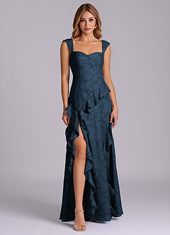 Azazie Sloane At-home Try On Dresses Dark Navy A-Line Sweetheart Neckline Floral Burnout Dress image1