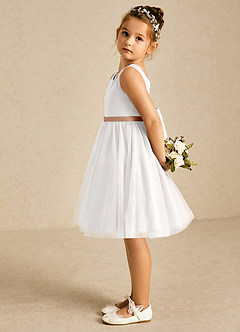 Azazie Seline Flower Girl Dresses Ivory Champagne Rose A-Line Bow Tulle Dress image4