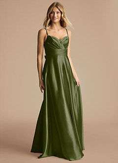 Azazie Oliana Bridesmaid Dresses Olive A-Line Pleated Metallic Satin Dress image4