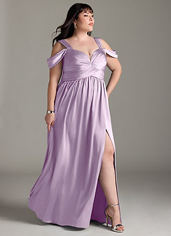 Azazie Lianne Bridesmaid Dresses Frosted Lilac A-Line Off the Shoulder Stretch Satin Dress image4
