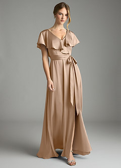 Azazie Lainey Bridesmaid Dresses Taupe A-Line with Pockets Stretch Satin Dress image4