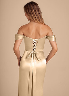 Azazie Shea Bridesmaid Dresses Gold Mermaid Off the Shoulder Metallic Satin Convertible Dress image2