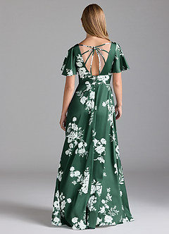 Azazie Lani Bridesmaid Dresses Green Botanicals A-Line Flounce Sleeve Stretch Satin Dress image2