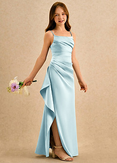 Azazie Cannoli Girls Formal Robe Demoiselle D'honneur Fillette Robe Trapèze en Mat Satiné Plissée Verre De Mer image1