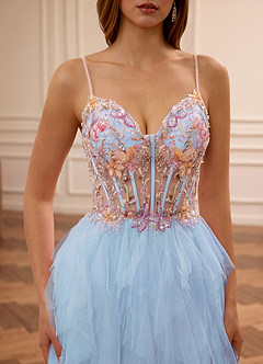 Madellow Sky Blue Sequined embroidery Tulle A-line Corset Prom Dress image4