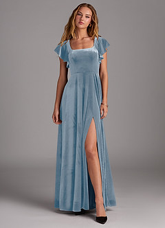 Azazie Bondi Bridesmaid Dresses Dusty Blue A-Line Side Slit Velvet Dress image1