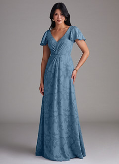 Azazie Soren Bridesmaid Dresses Steel Blue A-Line Pleated Floral Burnout Dress image4