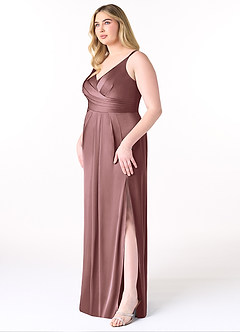 Azazie Aqua Bridesmaid Dresses Vintage Mauve A-Line V-Neck Pleated Stretch Satin Dress image10