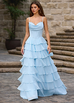 Floralace Sky Blue Ruffled A-line Prom Dress image7