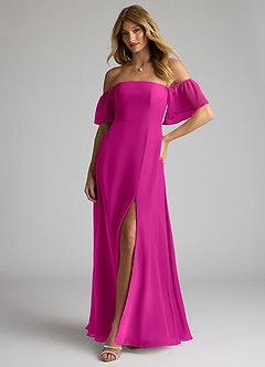 Azazie Sue Robes de demoiselle d'honneur Robe Trapèze Convertible en Mousseline de soie Épaule décolletée Fuchsia image4