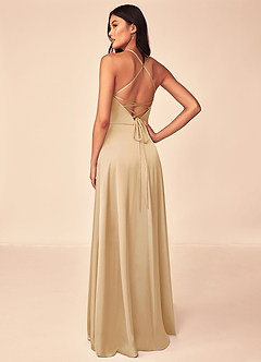 Azazie Mei Bridesmaid Dresses Gold A-Line V-Neck Stretch Satin Dress image2