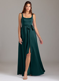 Azazie Elliott Bridesmaid Dresses Pine A-Line with Pockets Stretch Satin Dress image5