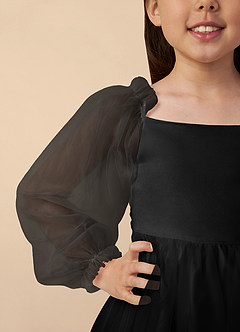 Azazie Aya Flower Girl Dresses Black A-Line with Sleeves Tulle Dress image3