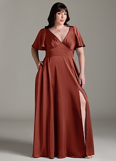 Azazie Kimber Robes de demoiselle d'honneur Robe Trapèze en Satin extensible Rayé Terracotta image9