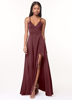 Azazie Maksim Bridesmaid Dresses Sangria A-Line V-Neck Stretch Satin Dress image1