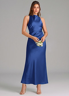 Azazie Evadne Vestidos de damas de honor Vestido de Azul Real de Satén Elástico de Corte Recto con Plisado image3