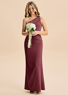 Azazie Akilah Junior Robe Fourreau en Satin extensible Plissée Merlot image4