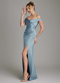 Azazie Teyana Bridesmaid Dresses Dusty Blue Sheath Off the Shoulder Stretch Satin Dress image5