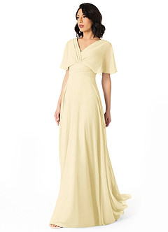 Azazie Pamela Robes de demoiselle d'honneur Robe Trapèze en Mousseline de soie Col V plissé Sorbet Citron image3