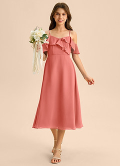 Azazie Kamilla Junior A-Linie Schulterfrei Chiffon Kleid Lachsrosa image4