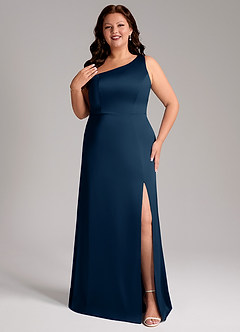 Azazie Phaedra Bridesmaid Dresses Dark Navy A-Line One Shoulder Stretch Satin Dress image1