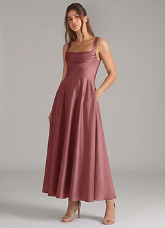 Azazie Shaude Bridesmaid Dresses Amethyst A-Line Pleated Stretch Satin Dress image5