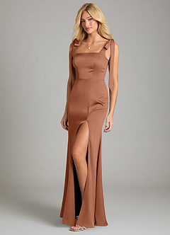 Azazie Frostine Bridesmaid Dresses Bronzer A-Line Bow Stretch Satin Dress image1