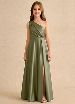 Azazie Puddles Girls Formal Robe Demoiselle D'honneur Fillette Robe Trapèze en Satin extensible Une épaule Pistache image6