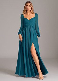 Azazie Alia Bridesmaid Dresses Ink Blue A-Line Long Sleeve Chiffon Dress image1