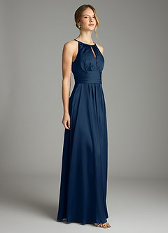 Azazie Bonnie Bridesmaid Dresses Dark Navy A-Line Pleated Stretch Satin Dress image4