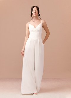 Azazie Ingris Wedding Dresses V-Neck Pleated Lace Crepe Back Satin Jumpsuit image4