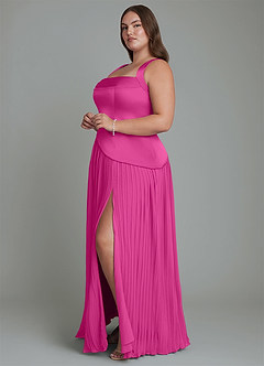Azazie Stephanie Vestidos de damas de honor Vestido Fucsia de Satén Elástico de Línea A con Plisado image10