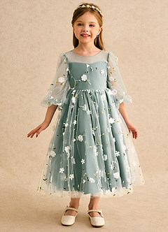 Azazie Elowen Flower Girl Dresses Eucalyptus A-Line Sweetheart Neckline Lace Dress image3